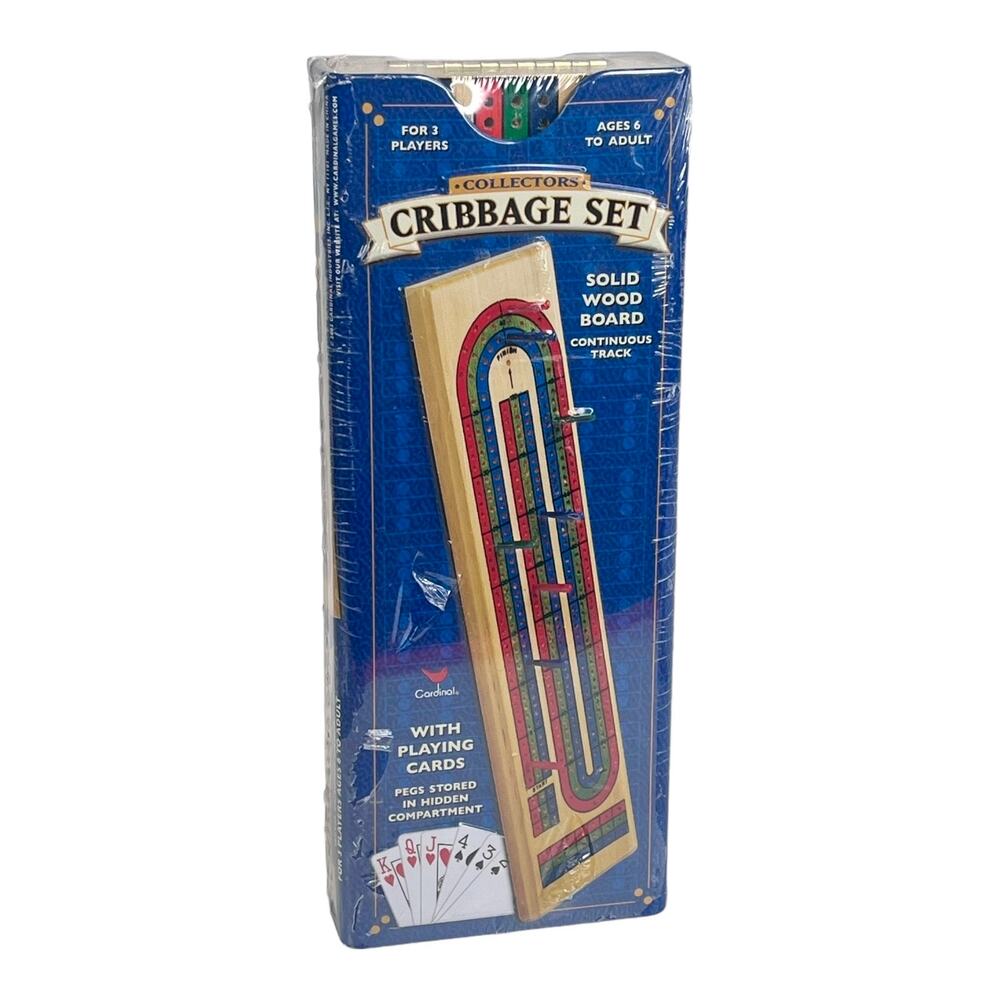 Deluxe Cribbage Board Game Set Metal Box Solid Wood 3 Player Track Playing Cards